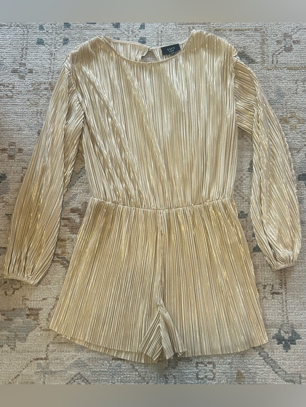 VICI Metallic Pleated Long Sleeve Romper - Champagne Gold